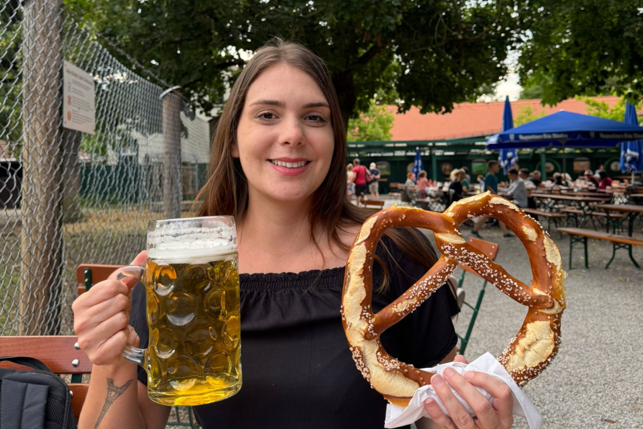 Pretzel and 1L beer at a Biergarten