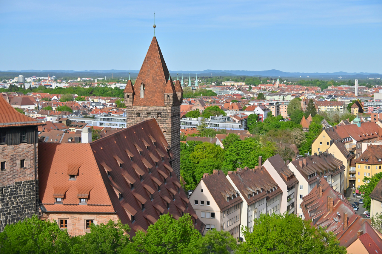 Nuremberg in spring with flowers and historic city center