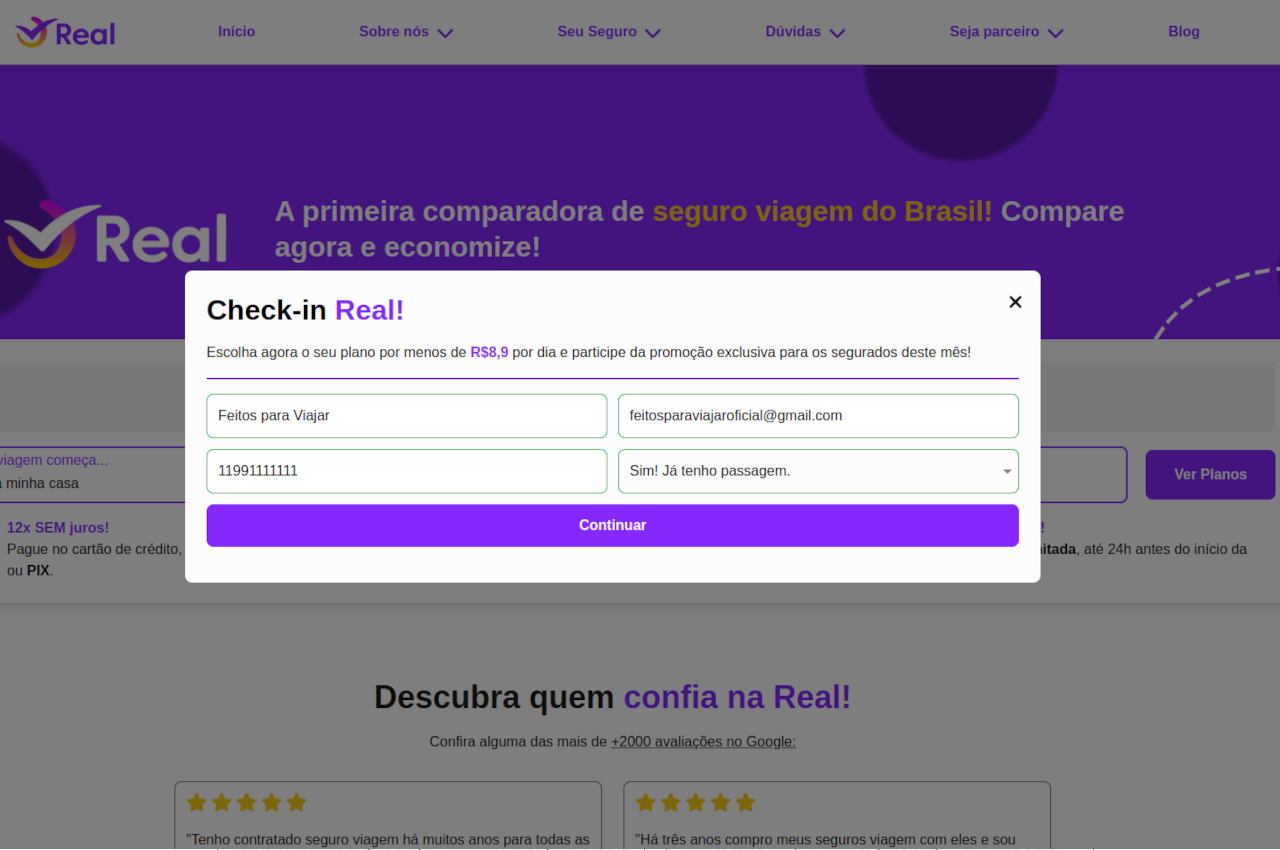 Tela pop-up de dados